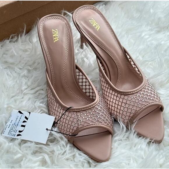 ZARA Embellished Mesh Slide Heels Nude Tan Size 8 NWT - Picture 4 of 16
